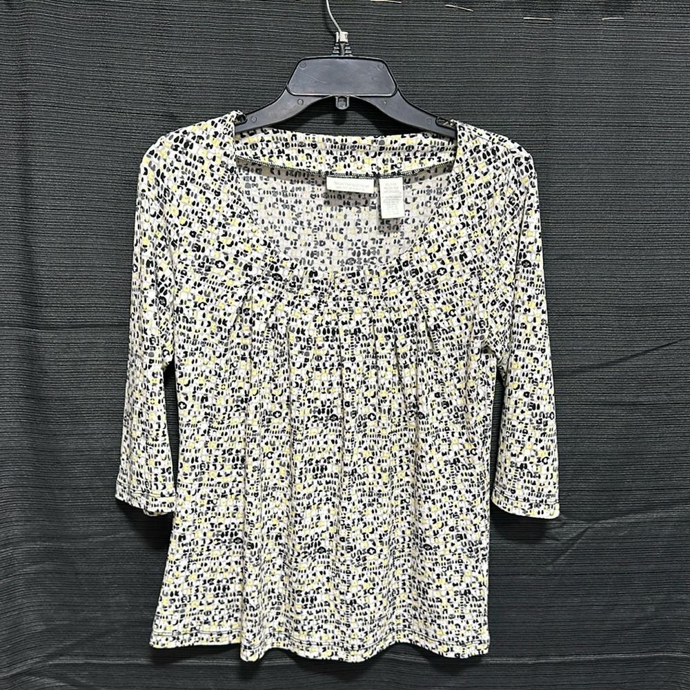 WORTHINGTON WhiteGeometric Basic Blouse Women Size Petite M 3/4 Sleeve Crew Neck
